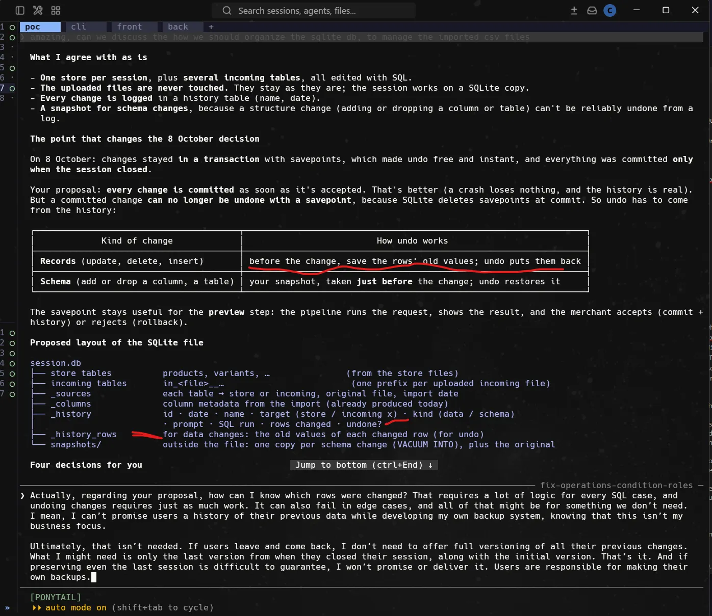 Claude Code session: Claude's proposed SQLite layout with a _history_rows table that saves old row values for undo, and my reply questioning it