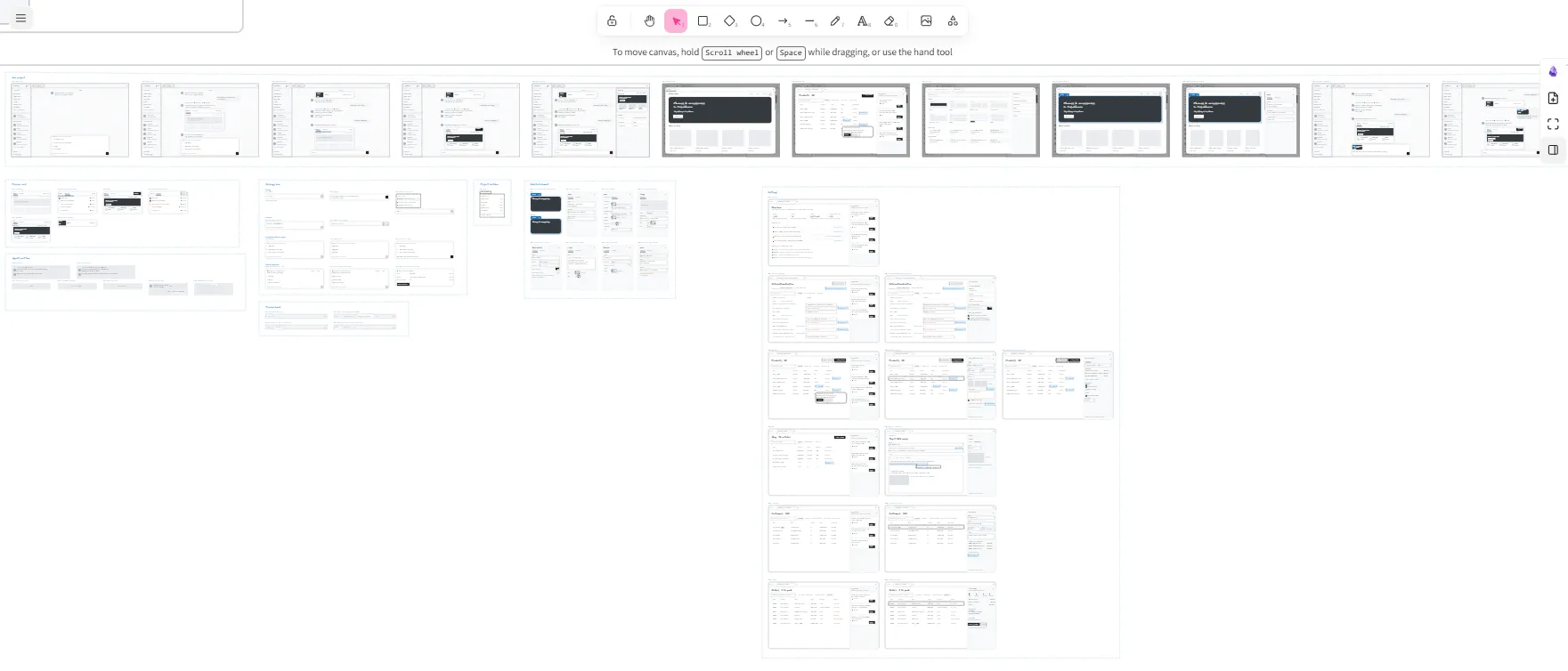 Zoomed-out canvas of wireframes: the original workflow's many screens in rows and groups on the left, the simplified flow on the right